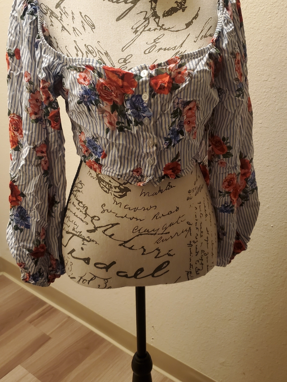 Forever 21 Blue Striped Floral Off-Shoulder Crop Top